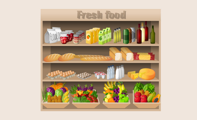 货架上食物超市饮料水果蔬菜面包牛奶和杂货矢量图