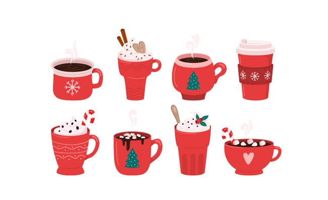 咖啡杯冬季暖饮热咖啡杯子拿铁杯子矢量插图
