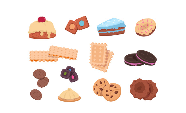 卡通巧克力小吃饼干面包甜点果子不同形状的曲奇饼矢量