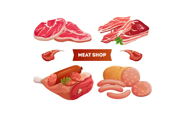 卡通肉制品新鲜肉类可口肉肋骨牛排矢量图片