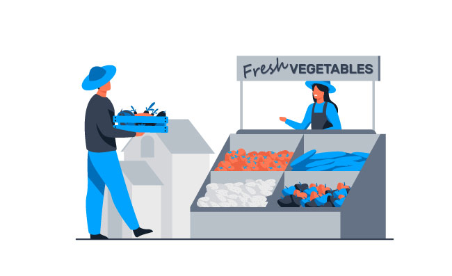 卖新鲜蔬菜水果农产品食品货架农贸市场买菜矢量