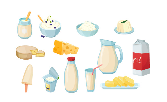 牛奶各种包装奶酪酸奶黄油凝乳酸奶油矢量图