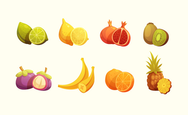 热带水果复古卡通图标香蕉木瓜猕猴桃和石榴孤立的矢量图