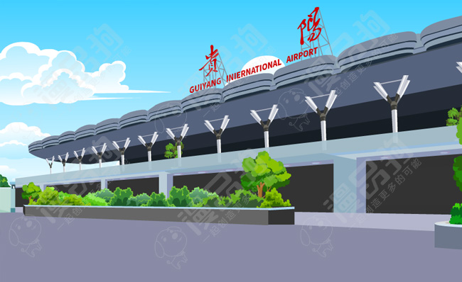 贵州贵阳国际机场手绘二维动漫场景素材