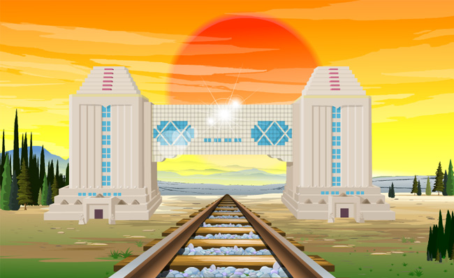 国门建筑太阳升起动画MG场景动漫模板素材