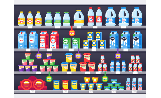 食品分类货架商店货架摆满奶制品乳制品牛奶瓶超市展示柜和奶酪产品矢量图