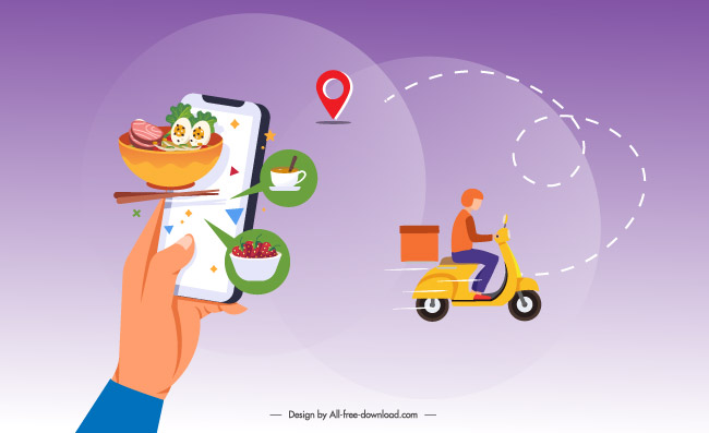 食品配送应用程序移动智能手机在线订购食品现代创意数据矢量插图