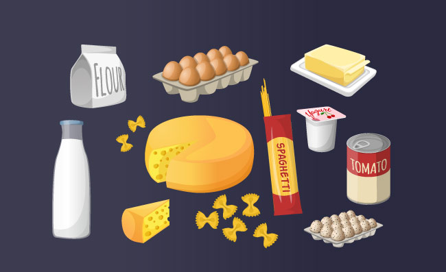 食品元素集合牛奶鸡蛋面粉果酱意面黄油奶酪矢量图