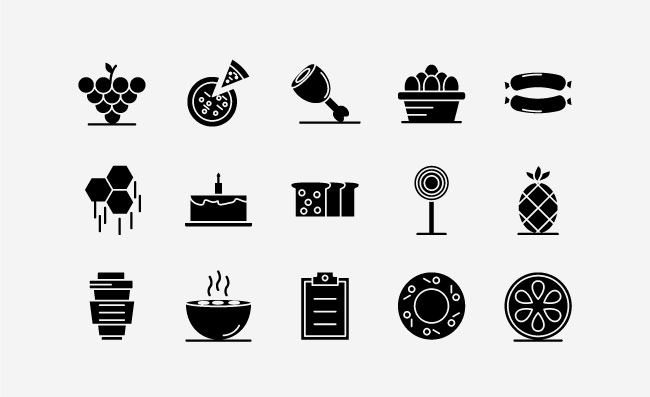 食物和饮料固体标志符号图标早餐食品厨房图标集矢量