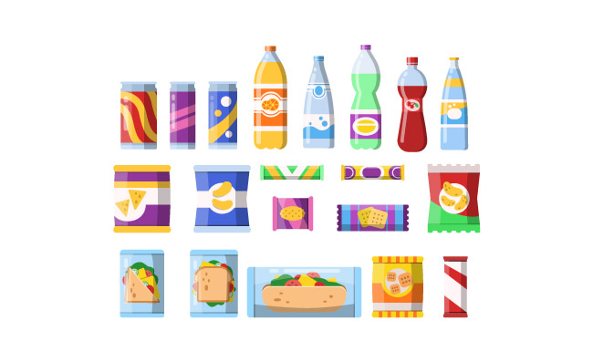 食物三明治快餐塑料容器水苏打饼干薯片小吃和饮料商品产品巧克力矢量平面图片