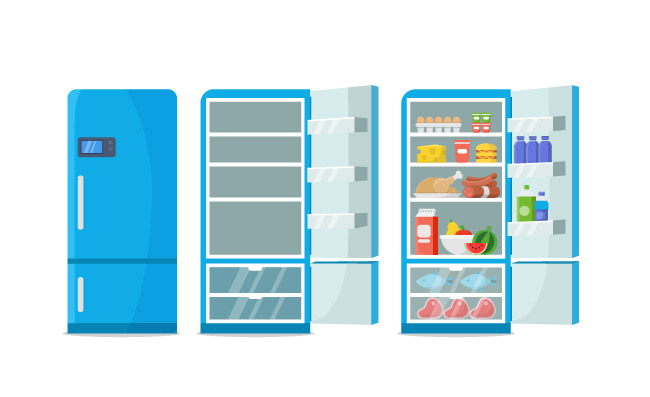 矢量关闭的冰箱打开的空冰箱和放满食物的冰箱