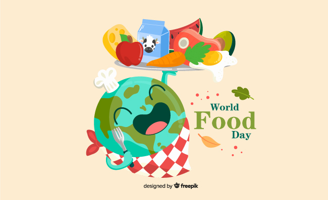 世界粮食日可爱托举美食食物的地球矢量图