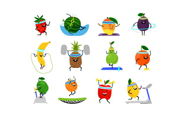 水果食物卡通造型健身体育锻炼有趣的水果食品矢量健身维生素人类健康营养