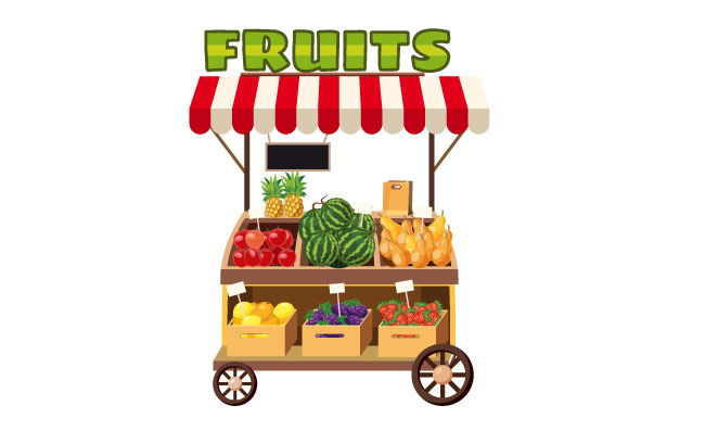 水果小吃矢量卖水果的推车卡通风格