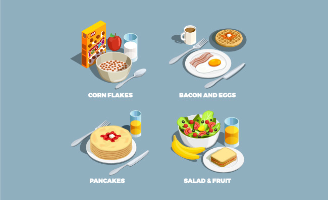 午餐现实餐具用各种早餐食品饮料矢量插画