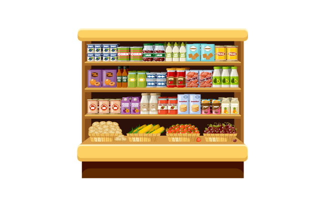 小超市货架上摆满产品饮料储藏室矢量水果玉米奶制品果酱插画