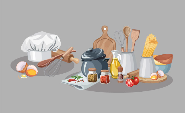 意面鸡蛋砂锅厨房烹饪工具用具元素