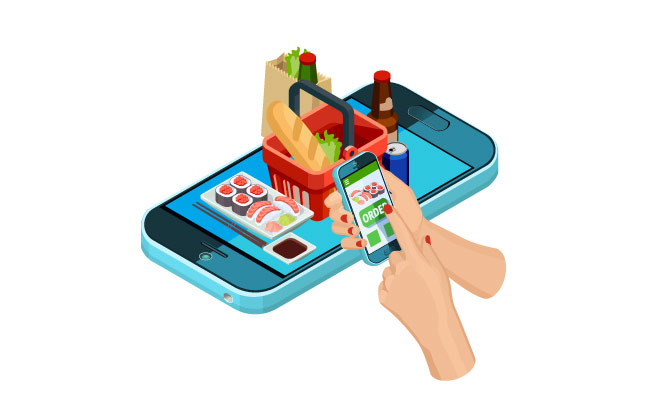 在线食品订单电子商务食品智能手机结帐购物篮矢量图