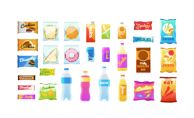 自动贩卖产品饮料零食塑料包装快餐饼干三明治果汁向量垃圾零食图标