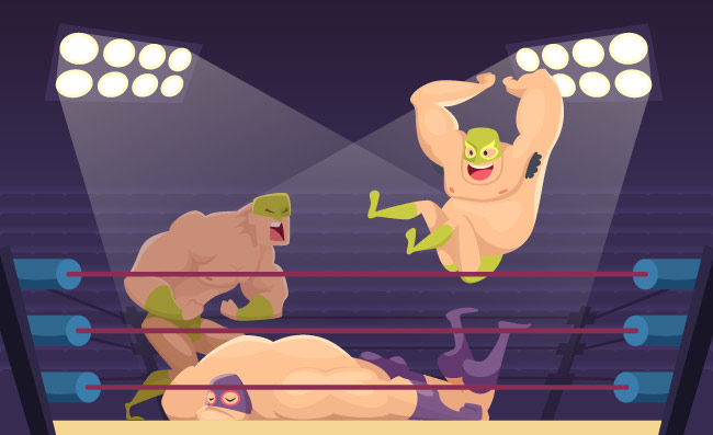 摔跤手的战斗体育卡通凡人背景与战斗角色luchadors矢量吉祥物摔跤手体育的例证在圆环