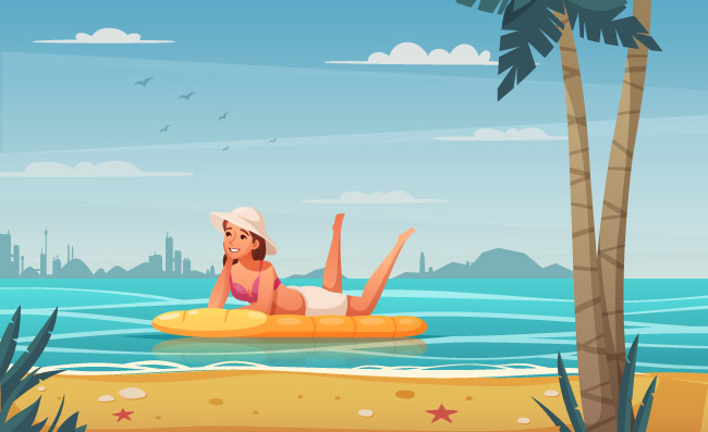 水上运动卡通背景和女人放松在气垫矢量图