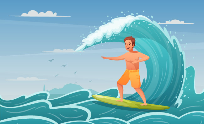 水上运动卡通背景与冲浪矢量图的快乐的人