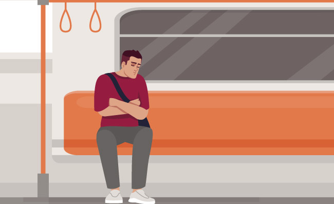 睡觉在火车半平的传染媒介例证的人公共交通工具的疲乏的男性工作者睡着了的人坐在通勤地铁电车乘客2D卡通人物用于商业用途男人睡在火车半平面矢量图