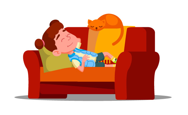 睡觉在长沙发的疲乏的小女孩在睡觉猫传染媒介旁边插图睡觉在长沙发的疲乏的小女孩在睡觉猫传染媒介旁边孤立的插图