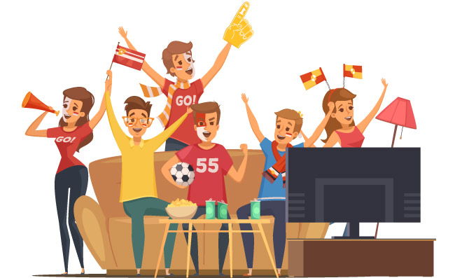 体育迷们看电视组成彩色的体育迷在沙发上看电视与标志组成人组成矢量插图