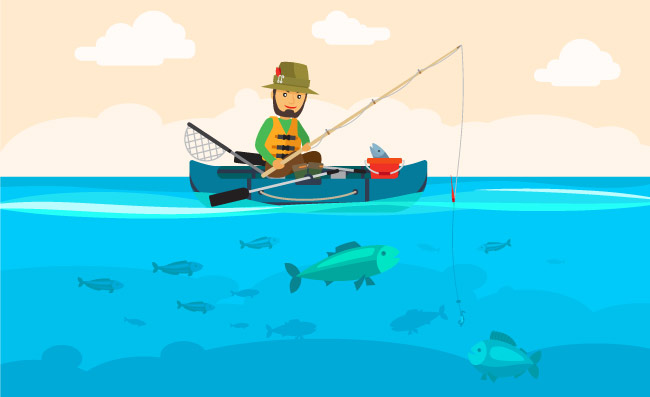 小船传染媒介例证的渔夫在河供以人员渔在天空的很多鱼在水中和云彩渔夫在船上矢量图