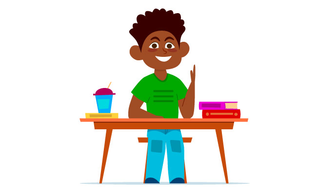 学校书桌的不同种族的男孩在教室微笑的孩子坐与书的椅子类的愉快的非洲学生，学习教训教育概念平的动画片传染媒介隔绝了字符多种族的男孩在教室里的课桌