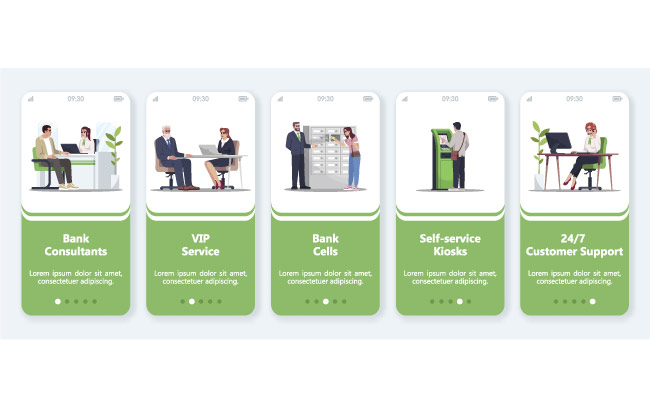 银行服务入职移动应用程序屏幕矢量模板24 7客户支持银行专用存储单元演练网站步骤使用扁平字符智能手机卡通UXUIGUI银行服务入职移动应用程序屏幕矢量模板