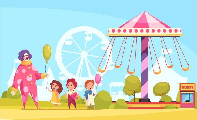 游乐园卡通背景与小丑向附近的旋转木马矢量插图的儿__童发放气球