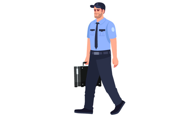 有公文包半平的RGB颜色传染媒介例证的警察穿制服的男人提着钱袋子带着行李的男性警察步行警察隔绝了在白色背景的漫画人物警察与公文包半平RGB颜色矢量图