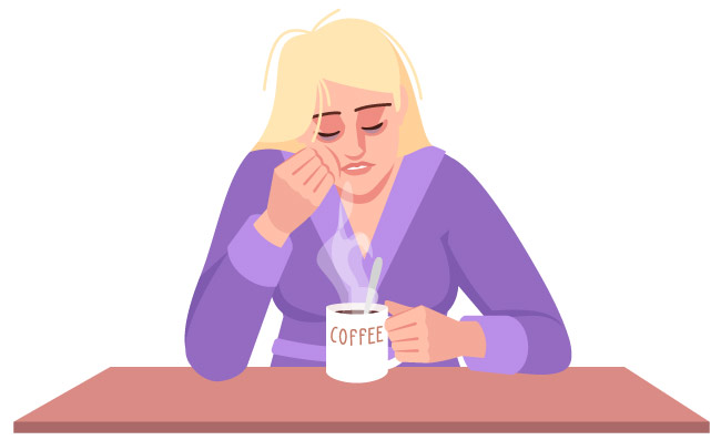 有咖啡半平的RGB颜色传染媒介例证的困夫人被注重的白种人妇女隔绝了在白色背景的漫画人物精疲力竭情绪疲劳精力不足昏昏欲睡的女士与咖啡半平RGB颜色矢量图