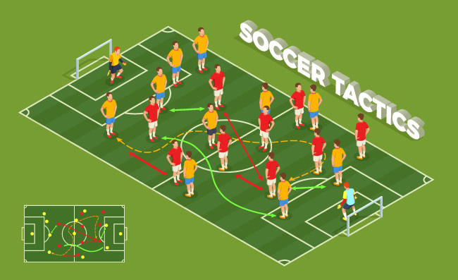 与操场和足球运动员的概念性图象的橄榄球足球等量人构成有五颜六色的箭头的导航例证足球战术等距背景