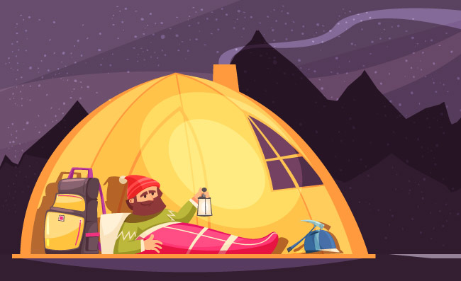 与登山家的登山动画片设计拿着在帐篷的睡袋的灯笼灯笼在晚上传染媒介例证登山登山帐篷卡通