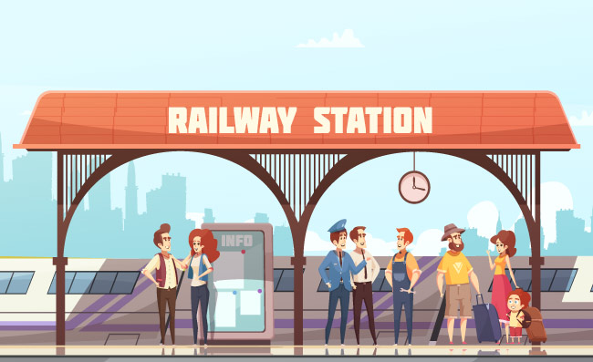 与等待火车的乘客和旅客的火车站平的传染媒介例证在铁路平台火车站矢量图