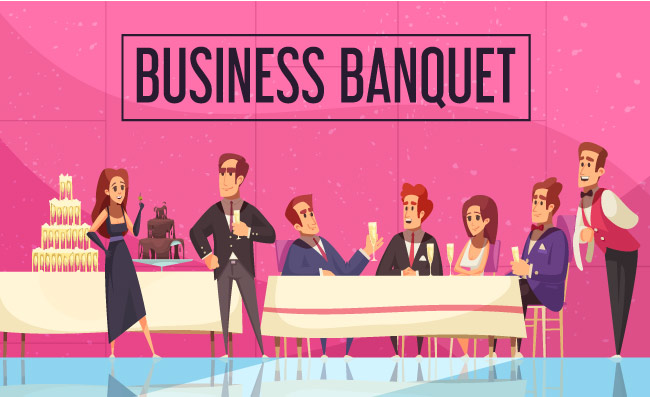 与公司员工和客人的交流的商务宴会在粉红色的墙壁背景卡通矢量插图