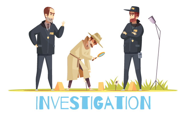与警察的乱画样式人的字符的侦探构成制服和私家侦探的有放大镜传染媒介例证的犯罪现场