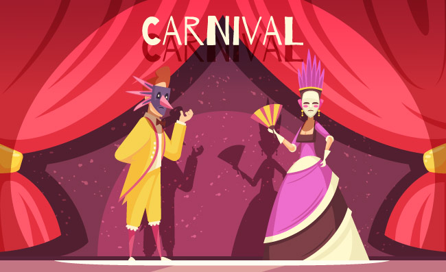 与两个人的动画片背景佩带的服装和面具在狂欢节导航例证嘉年华卡通背景