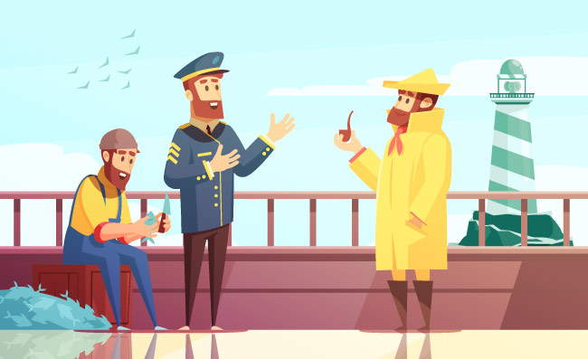 与三名水手的船舶动画片背景钓鱼船甲板传染媒介例证的航海卡通背景