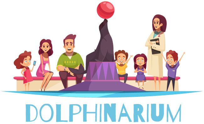 与文本的Dolphinarium平的背景构成和动画片称呼家庭成员的人的字符和口译员导航例证家庭海豚馆平面背景