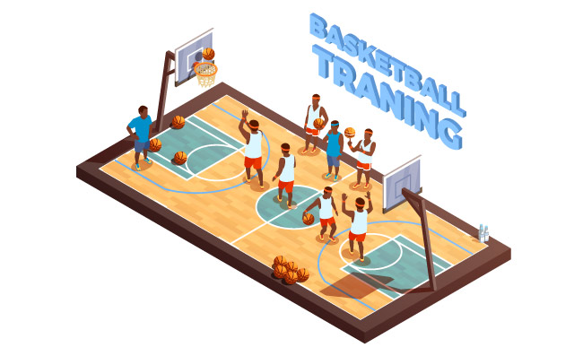 与硬木法院的篮球等量构成和与球员人的字符的篮球队和教练导航例证训练篮球等距组成