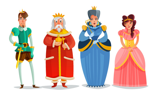 与在白色背景平的传染媒介例证隔绝的公主王子皇后小雕象的神仙的人动画片集合童话人物卡通套