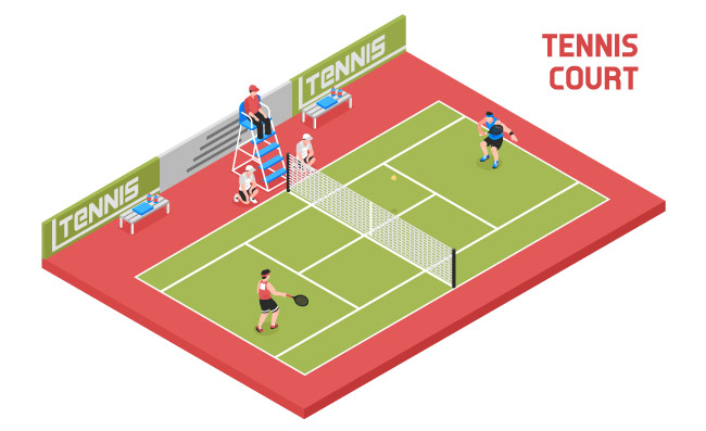 运动场与两个球员球男孩和裁判员的网球场等量构成高脚椅子的导航例证运动网球场等距