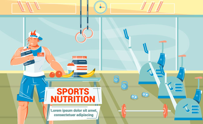 运动营养平背景与运动员饮用蛋白在健身房矢量图