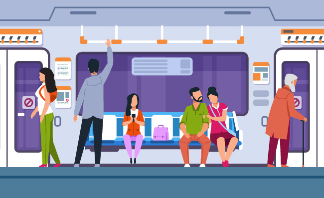 运输中的人坐和站立在城市火车的漫画人物男性和女性角色的矢量插图在室内公共管道运输中站立并就座运输中的人坐和站立在城市火车的漫画人物公共交通中的男性和女性矢量
