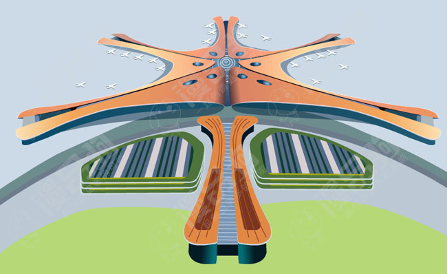 北京大兴国际机场手绘卡通动漫场景矢量素材