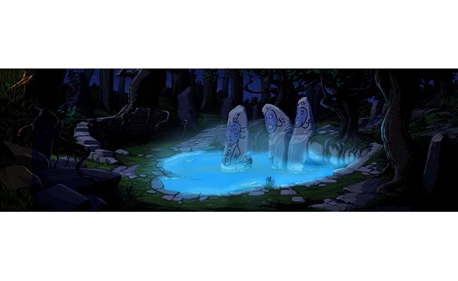 夜幕下森林深处石雕水潭动画背景素材